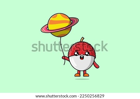 Cute cartoon Lychee floating with planet balloon cartoon vector illustration