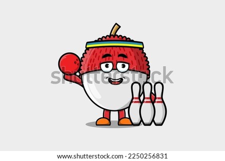 Cute cartoon Lychee character playing bowling in flat modern style design illustration