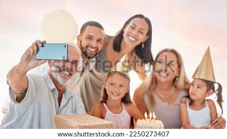 Party, family and birthday phone selfie with grandparents, parents and young children celebrating. Interracial, happy and celebration with birthday cake photograph of grandpa, grandma and kids.