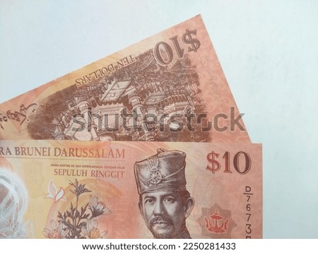 a hand holding a Brunei Darussalam banknote of 10 dollars or 10 ringgit on a white background 