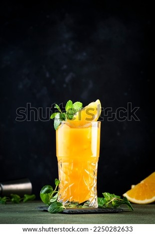 Screwdriver, classic alcoholic cocktail with vodka, orange juice and ice, garnished with fruit slice and mint. Dark background, bar tools Royalty-Free Stock Photo #2250282633