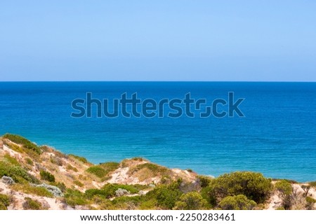 Pristine landscape at Dalyellup Beach, Western Australia on a fine windy day in mid-summer as the Indian ocean is  clear in a cloudless seascape..