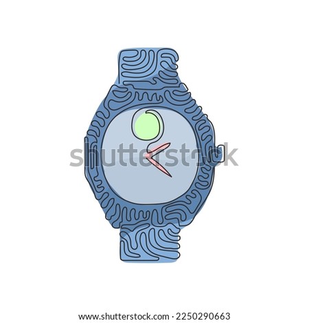 Single continuous line drawing luxury steel watch with black fabric strap. Classic silver men wrist watch with metallic watchband. Swirl curl style. One line draw graphic design vector illustration