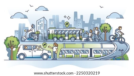 Sustainable transportation with green energy source usage outline concept. Alternative, renewable and nature friendly transport for city mobility services vector illustration. EV, subway and bicycles Royalty-Free Stock Photo #2250320219