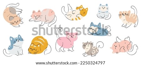 Cute and smile cat doodle vector set. Adorable cat or fluffy kitten character design collection with flat color, different poses on white background. Design illustration for sticker, comic, print. Royalty-Free Stock Photo #2250324797