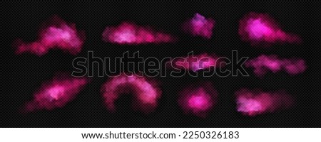 Pink clouds of smoke, fog or steam. Magic dust splashes, color powder explosion texture. Smog or mist clouds isolated on transparent background, vector realistic illustration