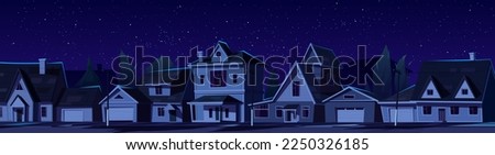 Suburban town street with dark houses at night. Vector cartoon illustration of district with residential buildings, trees and electricity lines under starry midnight sky. Blackout in city neighborhood Royalty-Free Stock Photo #2250326185