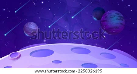 Fantasy alien planets and meteors in outer space. Moon surface landscape with craters, stars, planets, comets and asteroids in dark sky, vector cartoon illustration Royalty-Free Stock Photo #2250326195