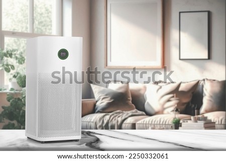 Air purifier health technology in cozy modern bedroom and cleaning removin dust PM2.5 , Air purifier for fresh air and healthy life , Health care Air Pollution Concept Royalty-Free Stock Photo #2250332061