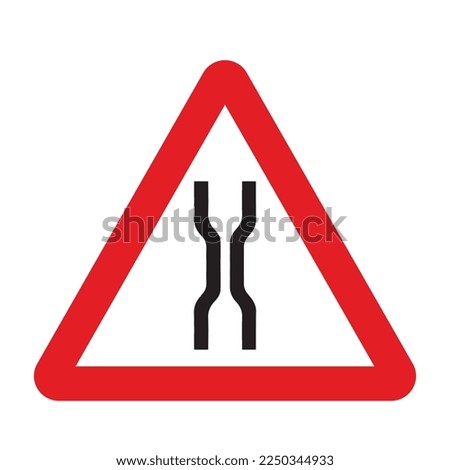 Approaching bridges or narrow bridge and narrow road sign in a red triangle with black sign and traffic sign. UK and USA road sign with white background. Common traffic signs and symbol in the road. Royalty-Free Stock Photo #2250344933