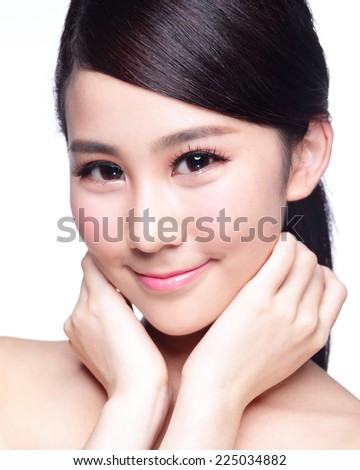 Beautiful Skin care woman Face smile to you isolated on blue background. asian Beauty