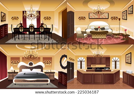A vector illustration of rooms inside the house in similar style and color scheme