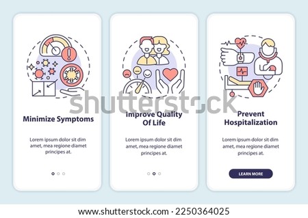 Goals of chronic disease management onboarding mobile app screen. Walkthrough 3 steps editable graphic instructions with linear concepts. UI, UX, GUI template. Myriad Pro-Bold, Regular fonts used