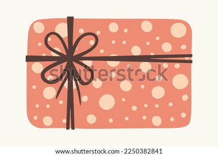 Gift box. Present package wrapped in festive paper wrapping with tied bow, ribbon, twine string. Christmas, Xmas, valentine's day, birthday and New Year present in wrapping paper.  Flat illustration.