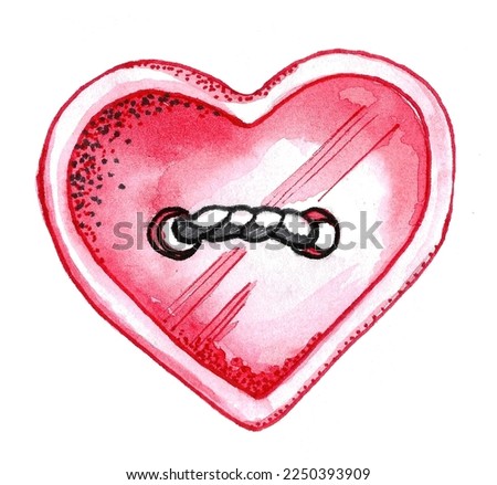 Pink heart - button sewn with black thread. Watercolor illustration by hand on a white background for Valentine's Day