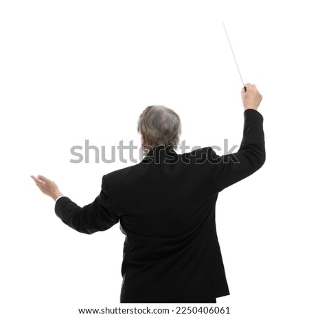 Professional conductor with baton on white background, back view Royalty-Free Stock Photo #2250406061