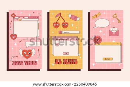 Vector retro set of Ig stories template for Valentines day. Vintage frames for text 90s y2k. Collection of romantic backgrounds with hearts and stars. Love and romance. Social media design.  Royalty-Free Stock Photo #2250409845