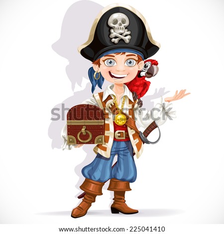 Cute pirate boy with red parrot hold treasure chest isolated on a white background Royalty-Free Stock Photo #225041410