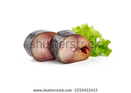 Cold smoked mackerel pieces, close-up, isolated on white background