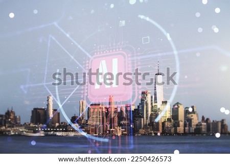Double exposure of creative artificial Intelligence abbreviation hologram on Manhattan office buildings background. Future technology and AI concept