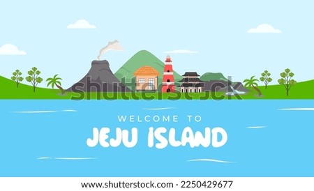 Welcome to jeju island background. South Korea aerial, traditional landmarks, symbols, popular place for visiting tourists, jeju green tropical island with water travel. Royalty-Free Stock Photo #2250429677
