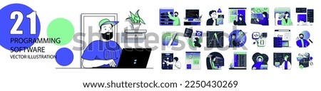 Programming software concept with character situations collection. Bundle of scenes people coding and testing, creating programs and apps, working IT industry. Vector illustrations in flat web design Royalty-Free Stock Photo #2250430269