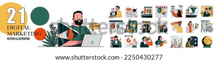Digital marketing concept with character situations collection. Bundle of scenes people making advertising campaign, branding and online promotion, e-commerce. Vector illustrations in flat web design Royalty-Free Stock Photo #2250430277