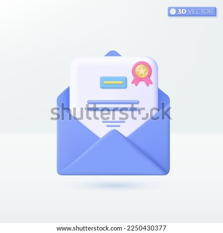 Mail and certificate icon symbols. Newsletter, Gift voucher, Legal Documents, Award diploma concept. 3D vector isolated illustration, Cartoon pastel Minimal style. template for graphic and web design. Royalty-Free Stock Photo #2250430377