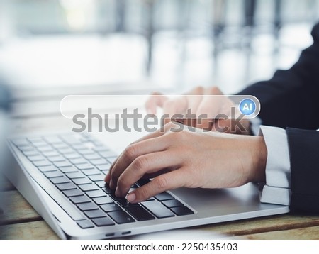 AI searching concept. Data search optimization by artificial intelligence technology. Search engine bar with blank space for text and AI button appear while business person typing on laptop computer.