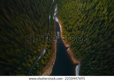 Mountain forest lake in Romania in spring; winter drone shot .
