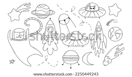 Childrens space set. Space elements collection, moon, astronaut, stars, rocket. Vector illustration in doodle style.Line style.