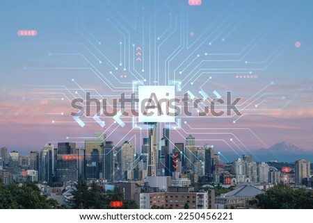 Seattle skyline panorama from Kerry Park. Skyscrapers of financial downtown at sunset, Washington, USA. Artificial Intelligence concept, hologram. AI, machine learning, neural network, robotics
