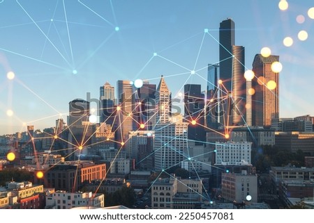 Seattle aerial skyline panorama of downtown skyscrapers at sunrise, Washington USA. Social media hologram. Concept of networking and establishing new people connections