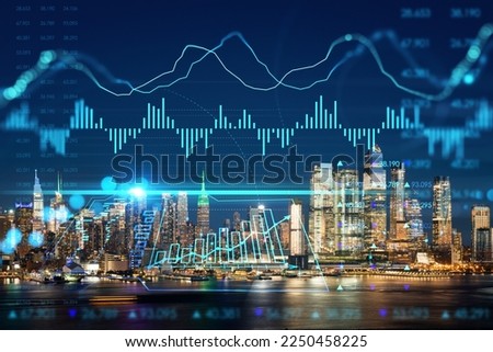 New York City skyline from New Jersey over the Hudson River with Hudson Yards at night. Manhattan, Midtown. Forex candlestick graph hologram. The concept of internet trading, brokerage, analysis