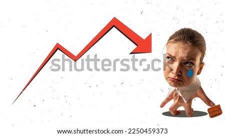 Career rise and fall. Contemporary art collage with woman's head on human hand instead body and legs like office clerk white collar. Hand-thing. Creative, business process, job. Cartoon style