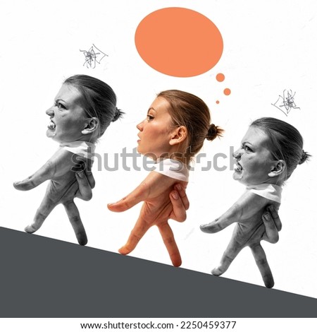 Emotions. Contemporary art collage with woman's heads on human hand instead body and legs like office clerk walking. Hand-thing in action. Teamwork, job fair concept. Cartoon style