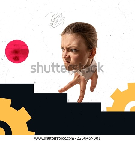 incredulous person in business process. Contemporary art collage with woman's head on human hand instead body and legs like business woman, employee. Hand-thing. Creative, art, management, job.