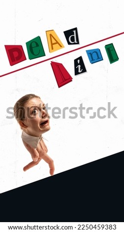 Contemporary art collage with woman's head on human hand instead body and legs like office clerk. Hand-thing with scared facial expression. Creative, business process, job. Cartoon style