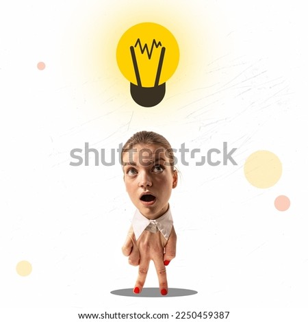 Perfect ideas. Contemporary art collage with woman's head on human hand instead body and legs like office clerk, white collar. Hand-thing. Creative, business process, motivation. Cartoon style