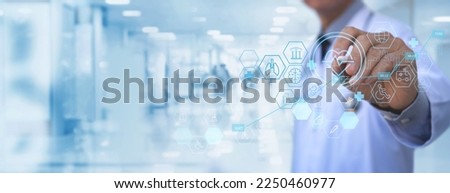 Medical technology, healthcare and mediicine, medical business, online health concept. Doctor touching on business growth graph and online health service icon with hospital background