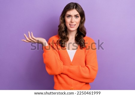 Portrait of unsatisfied pretty person raise arm palm conflict isolated on purple color background Royalty-Free Stock Photo #2250461999