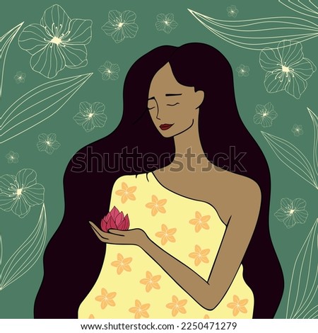 Illustration of a woman holding a lotus against a green floral background. Mother nature. Love to nature. Ecology concept. Hand drawn. Vector art