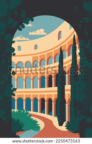 Colosseum Rome city landmark poster, tourism attraction flat color vector illustration background for banner design template Royalty-Free Stock Photo #2250473163