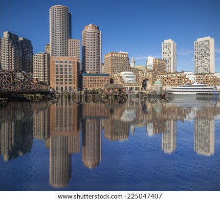 Panoramic view of Boston Harbor in Boston, Massachusetts, USA on a sunny summer day.