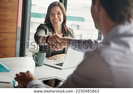 Business people, handshake and welcome for tech meeting, partnership deal and employee collaboration. Hello, thank you and corporate workers shaking hands for teamwork, onboarding or b2b interview Royalty-Free Stock Photo #2250485863
