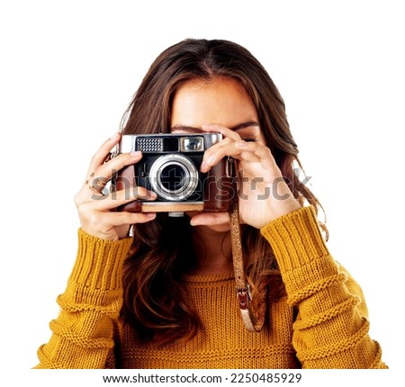 Photographer woman, holding camera and studio for creativity, photoshoot and content by white background. Isolated creative, artist and retro technology for photo, picture and art for career vision