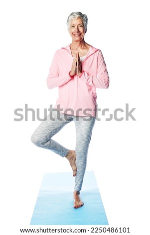 Portrait, yoga namaste and senior woman in studio isolated on a white background mock up. Zen chakra, pilates fitness and retired female model training, standing or stretching for health and wellness Royalty-Free Stock Photo #2250486101