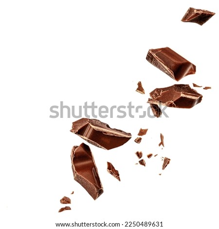  Levitating milk chocolate chunks isolated on white background. Flying Chocolate pieces, shavings and cocoa crumbs Top view. Flat lay
 Royalty-Free Stock Photo #2250489631