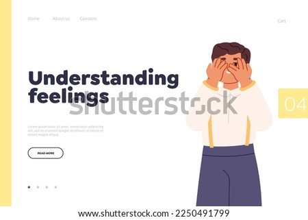 Understanding feelings concept of landing page with small boy hiding, cover eyes with hands. Little kid afraid and scared with hidden face. Awkward child embarrassed. Cartoon flat vector illustration