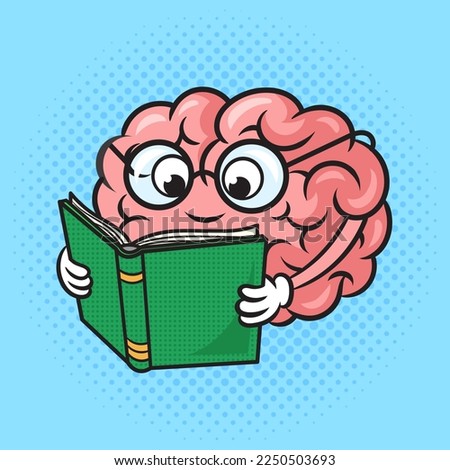 Brain reading book pinup pop art retro raster illustration. Comic book style imitation.
